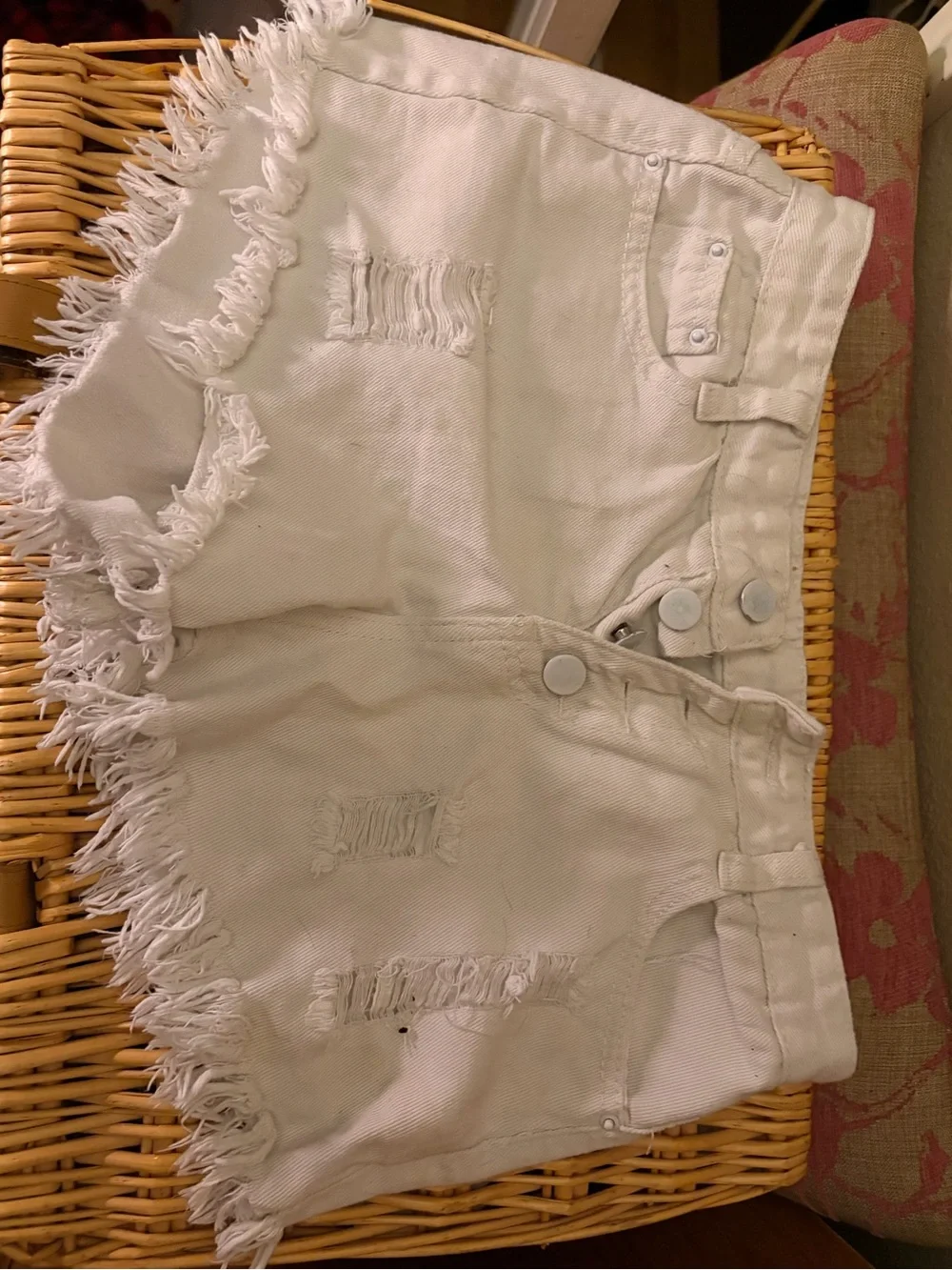Frayed Button-Front White Denim Shorts